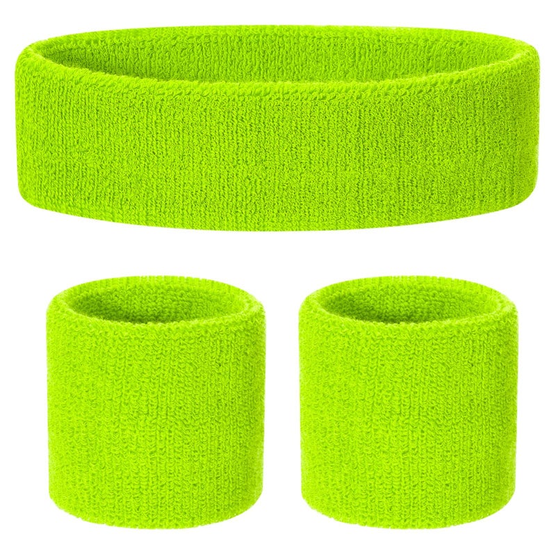 ONUPGO Kids Sweatbands Headband Wristband Set - Athletic Cotton Sweat Band for Sports (1 Headband + 2 Wristbands) (Neon Green) - Image 1